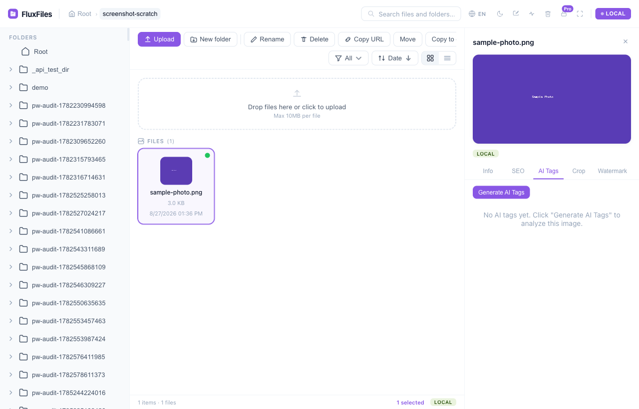 FluxFiles free AI auto-tag panel generating searchable tags for an image