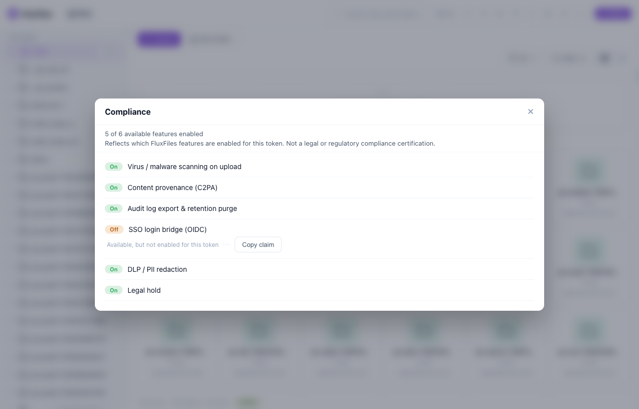 FluxFiles compliance readiness scorecard showing which safeguards are enabled