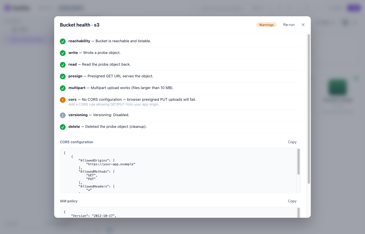 FluxFiles Bucket Doctor health checks for an S3 bucket with CORS and IAM remediation