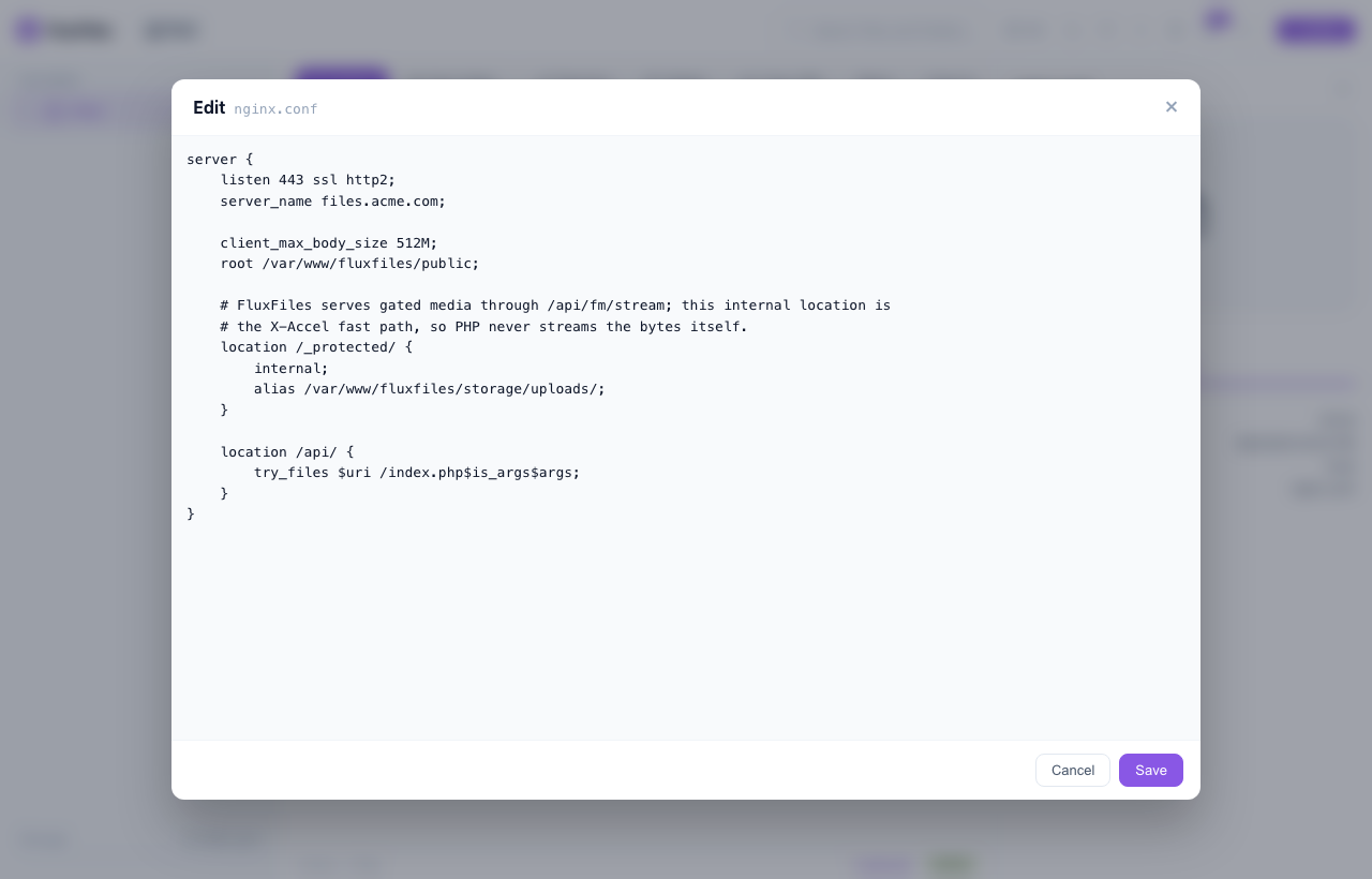 Editing an nginx config file inside FluxFiles with syntax highlighting