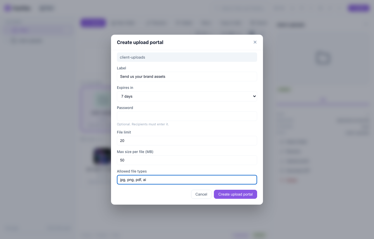 Creating a FluxFiles upload portal with a file limit, size cap and allowed file types