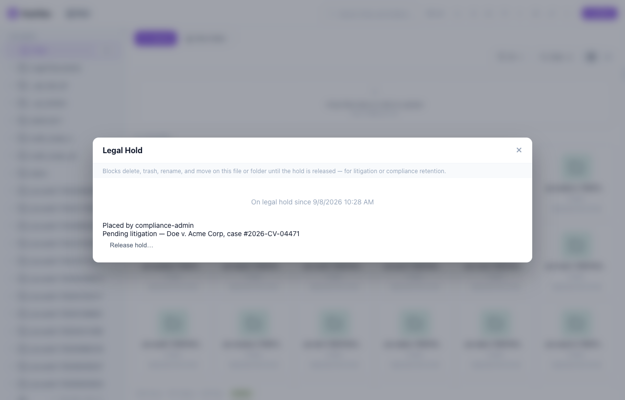 FluxFiles legal hold panel blocking delete, rename and move with a reason and audit trail