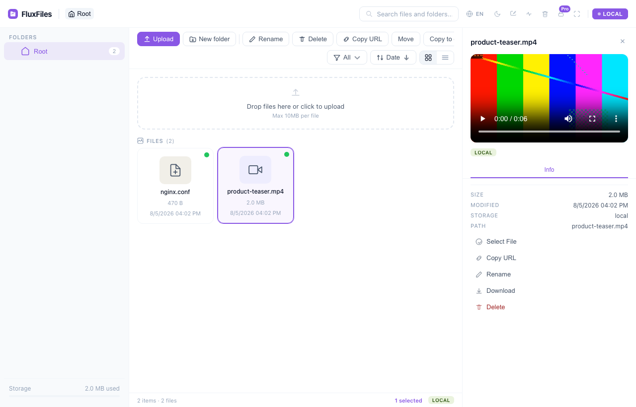 FluxFiles previewing a video inline in the detail panel