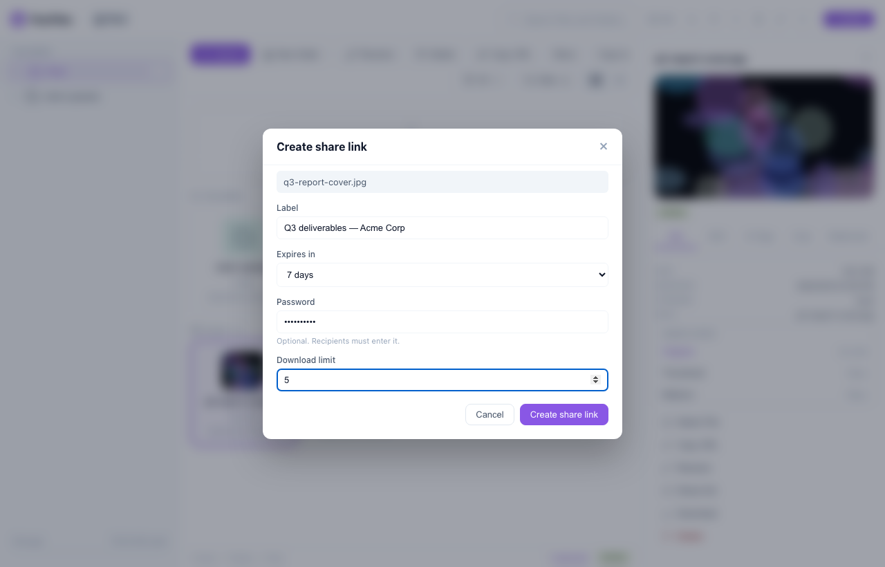 Creating a FluxFiles share link with an expiry, a password and a download limit