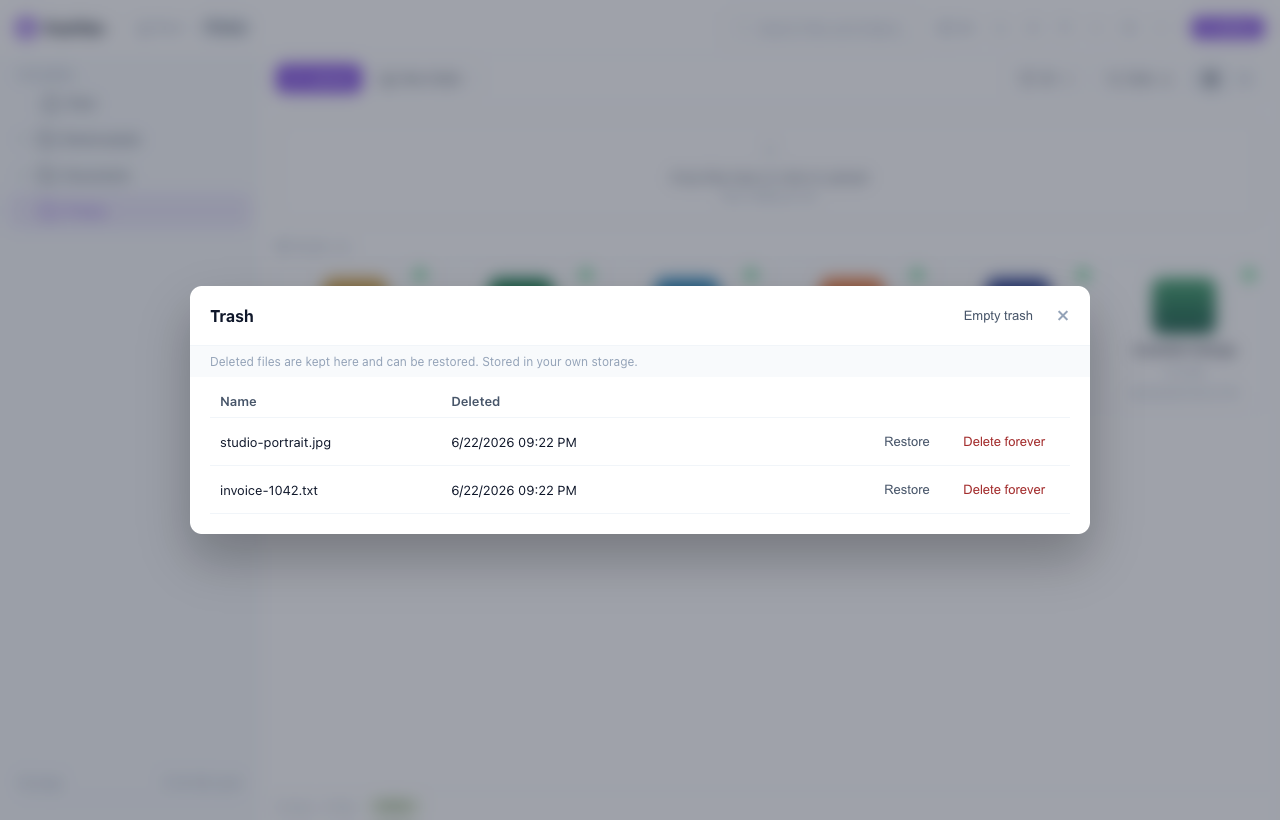 FluxFiles trash with restore and delete forever